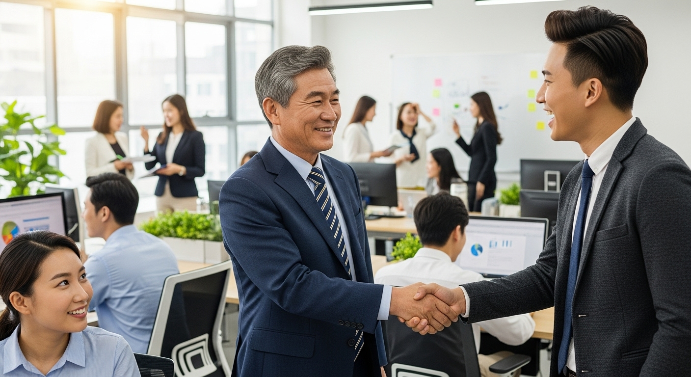 60대 초반의 전문적인 한국인 남성이 젊은 동료와 현대적인 사무실에서 악수하며 성공적인 재취업과 세대 간 협력을 보여주는 장면.