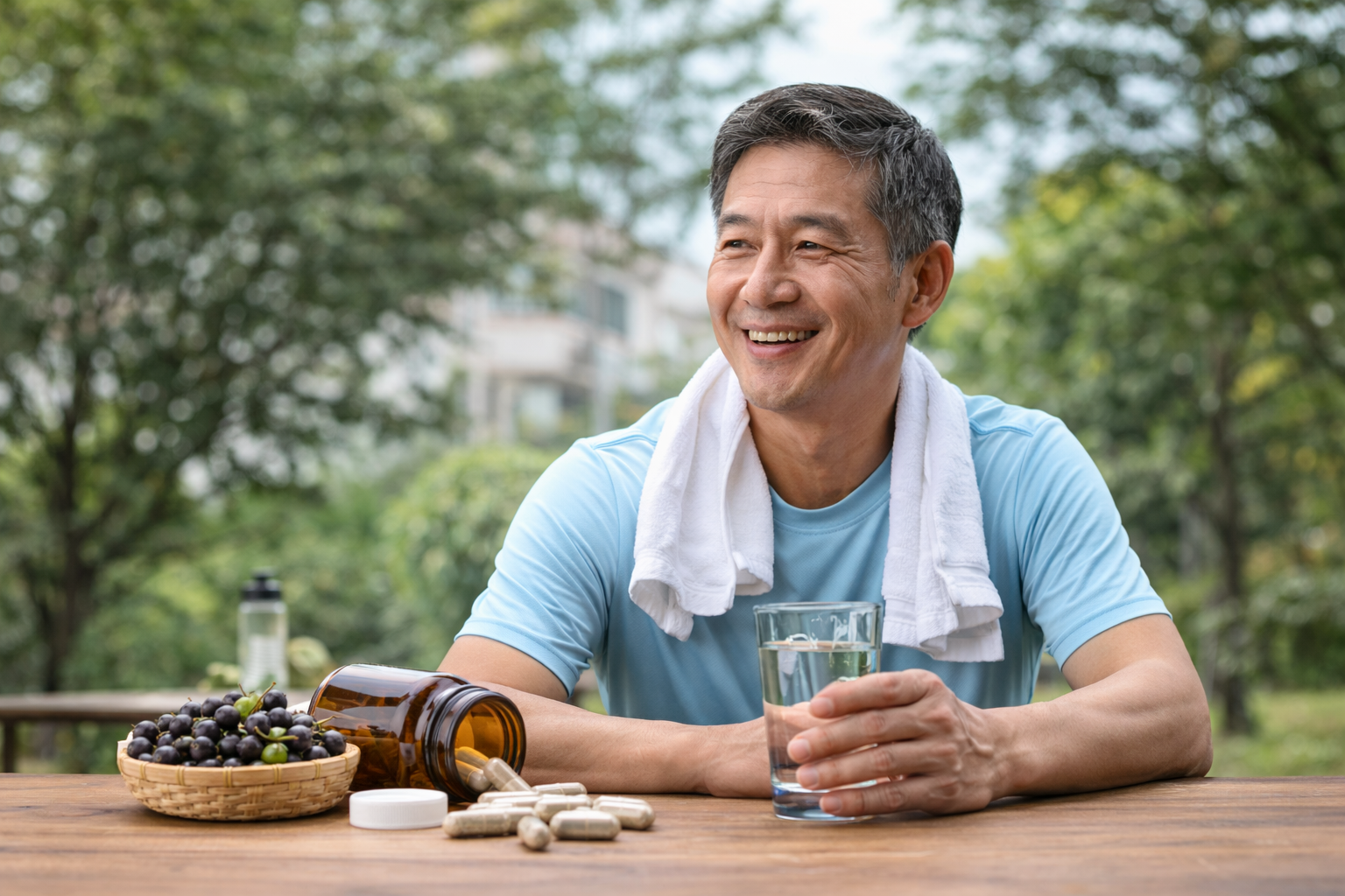 운동 후 물과 쏘팔메토 영양제를 챙기는 중년 남성 전립선 건강 관리 이미지