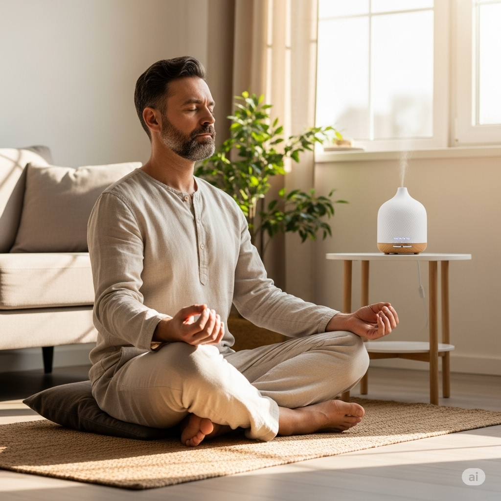 아로마 디퓨저와 함께 명상하는 중년 남성