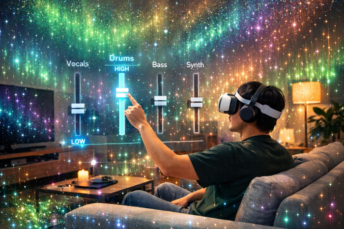 사용자가 실시간으로 소리를 재조합하여 감상하는 미래의 인터랙티브 스트리밍 서비스 전망.