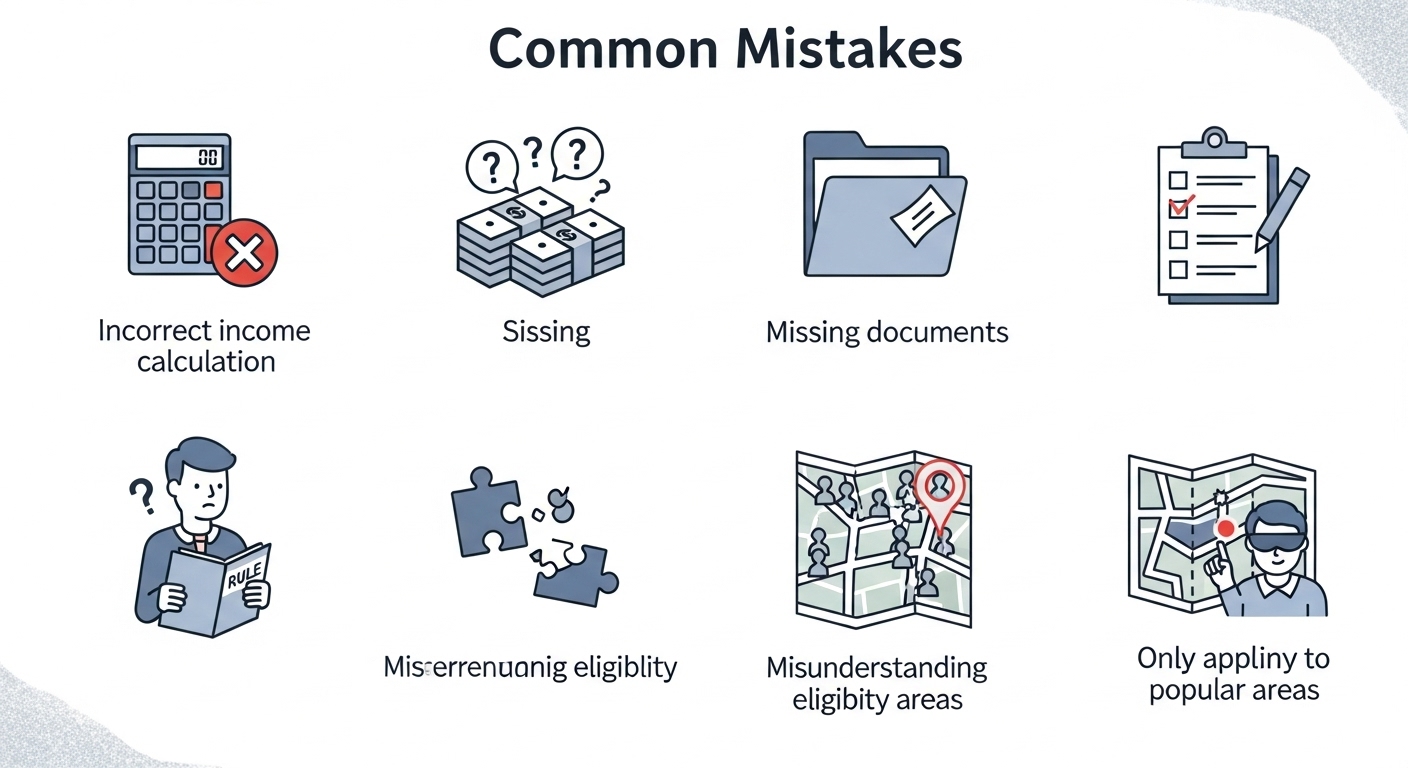 아파트 청약 시 자주 발생하는 실수들을 시각적으로 보여주는 인포그래픽: 소득 계산 오류, 서류 미비, 자격 요건 오해 등