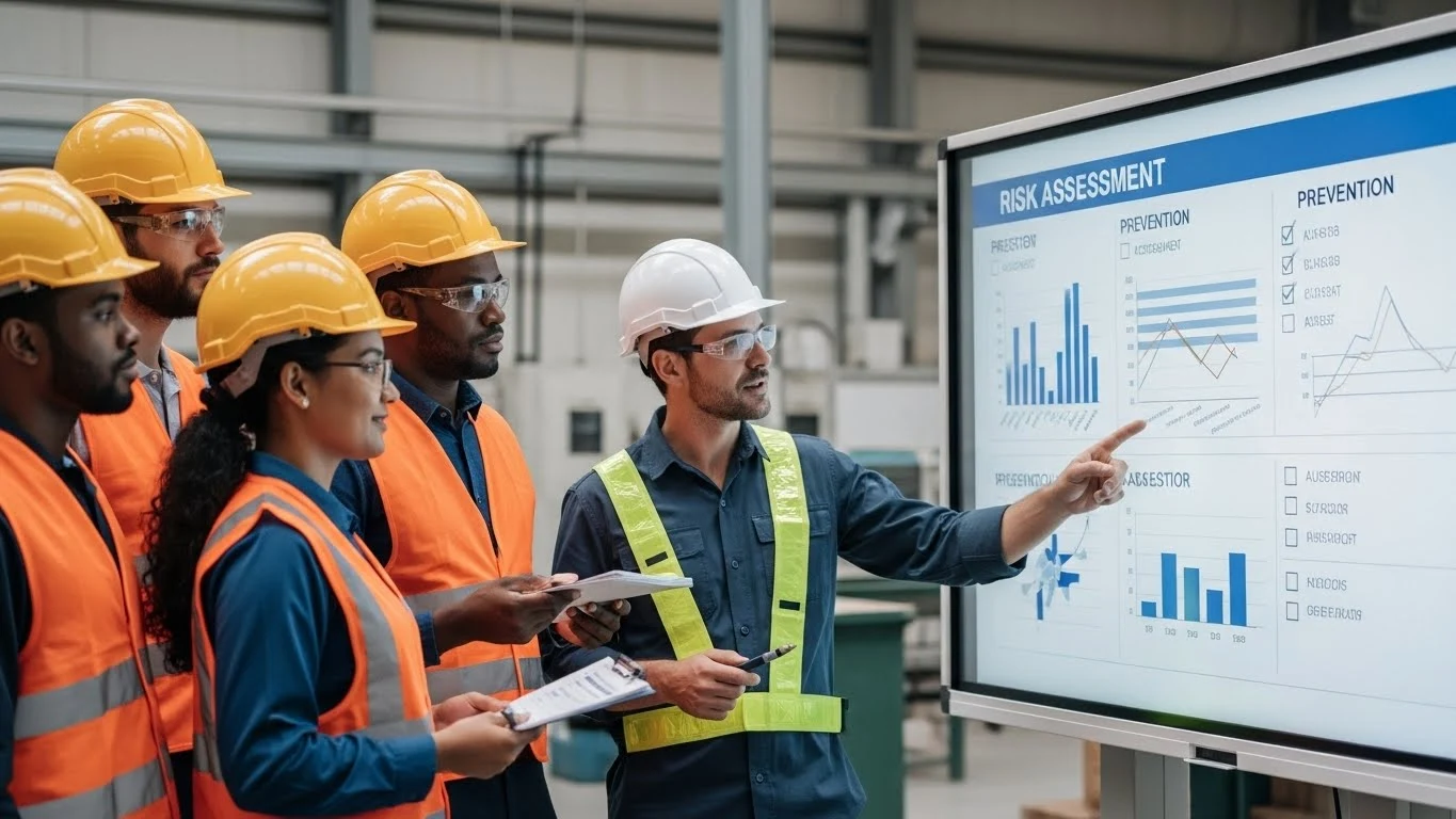 관리자와 현장 작업자들이 함께 모여 위험성평가 중심 자기규율 예방체계 데이터를 분석하며 선제적인 안전 계획을 수립하는 모습.