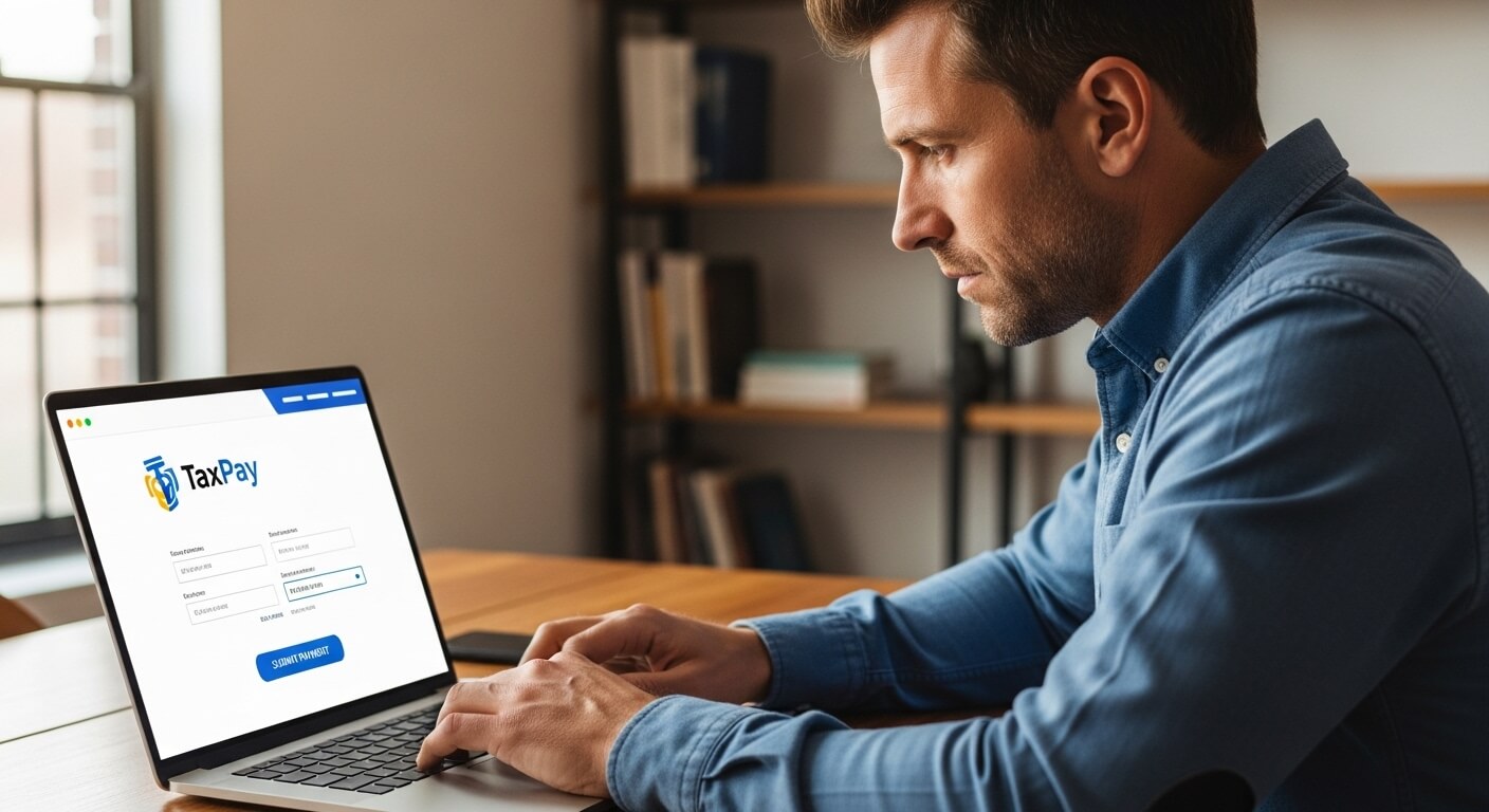 남성이 노트북으로 &lsquo;TaxPay&rsquo; 온라인 세금 납부 화면을 입력하는 장면