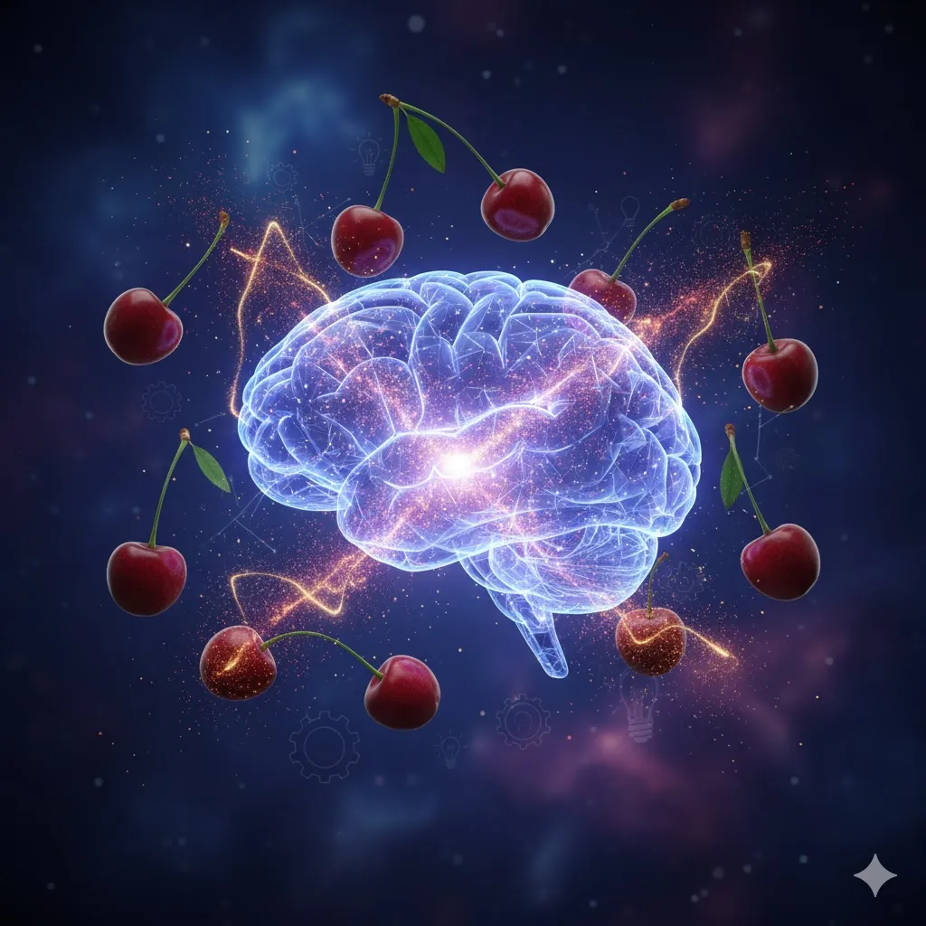 사람의 뇌 이미지를 추상적으로 표현하고 그 주변에 체리가 에너지를 공급하는 듯한 모습. 집중력이나 기억력 향상을 암시하는 요소들을 추가할 수 있습니다. 