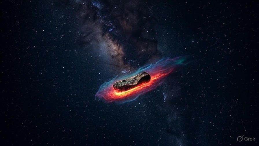 깊은 우주를 배경으로 은하계의 은은한 빛이 퍼진 가운데, 불타는 운석이 대기권을 관통하며 붉고 노란빛의 궤적을 그리며 떨어지는 신비로운 이미지