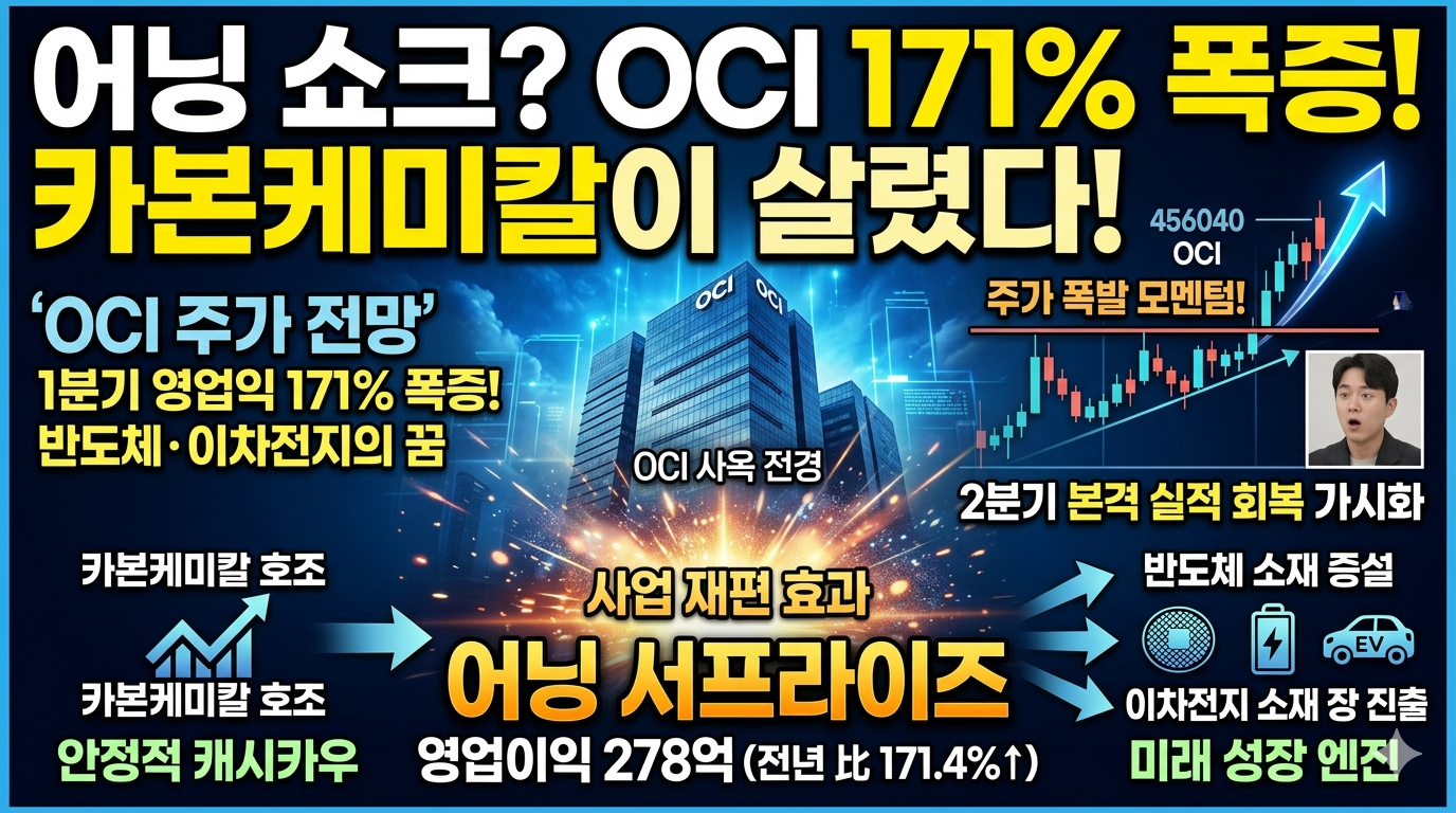 OCI 주가 전망을 시각화한 이미지. 왼쪽에는 카본케미칼 공장이 역동적으로 가동되며 우상향하는 실적 그래프를 떠받치고 있고, 중앙에는 OCI 사옥 전경과 함께 '1분기 영업익 171% 폭증' 텍스트가 강조되어 있다. 오른쪽에는 반도체 웨이퍼와 이차전지 배터리 이미지가 배치되어 미래 성장 동력을 상징하며, 주가 그래프가 힘차게 솟구치는 모습이 그려져 있다