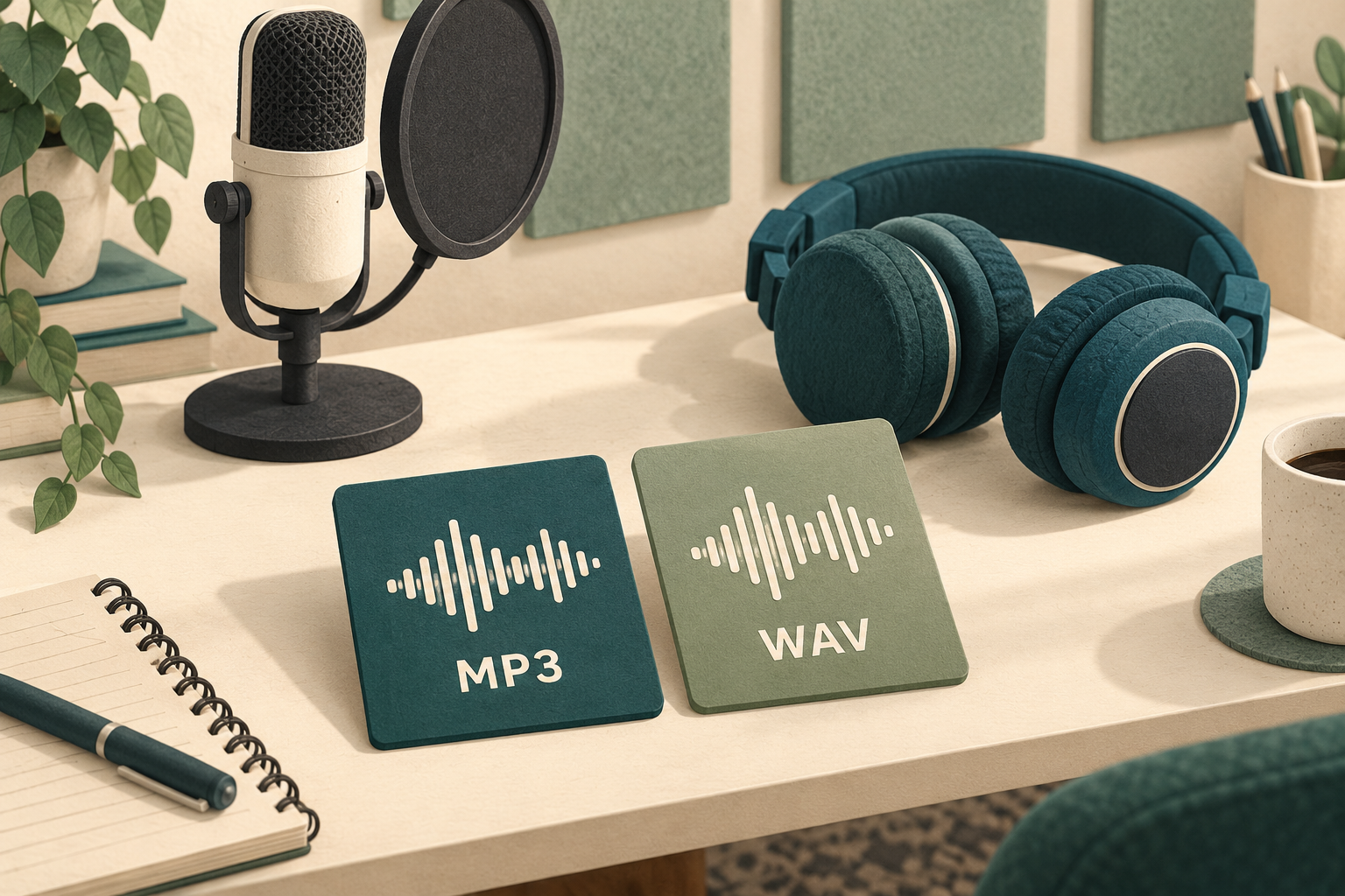 녹음용 마이크와 헤드폰 앞에 MP3와 WAV라고 표시된 두 음성 파일 카드가 나란히 놓인 모습