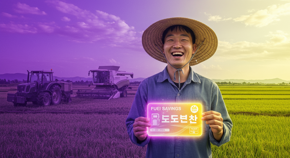 활기찬 농부가 농기계 앞에서 면세유 카드를 들고 웃고 있는 모습, 2025년 농업용 면세유 지원제도의 혜택과 희망을 상징합니다.