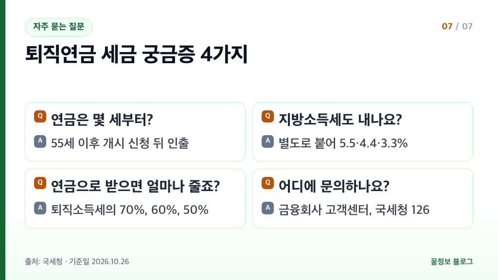 퇴직연금 세금 자주 묻는 질문 55세 연금 개시 지방소득세 퇴직소득세 70퍼센트 문의처