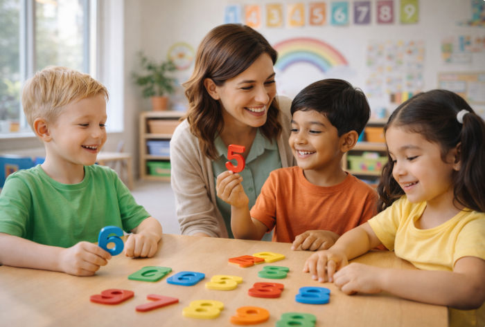 유치원 교실에서 교사가 세 명의 유아와 함께 숫자 블록을 활용해 놀이 학습을 하고 있는 모습. 아이들이 웃으며 활동에 참여하고 있으며, 밝고 따뜻한 교육 환경이 느껴집니다.