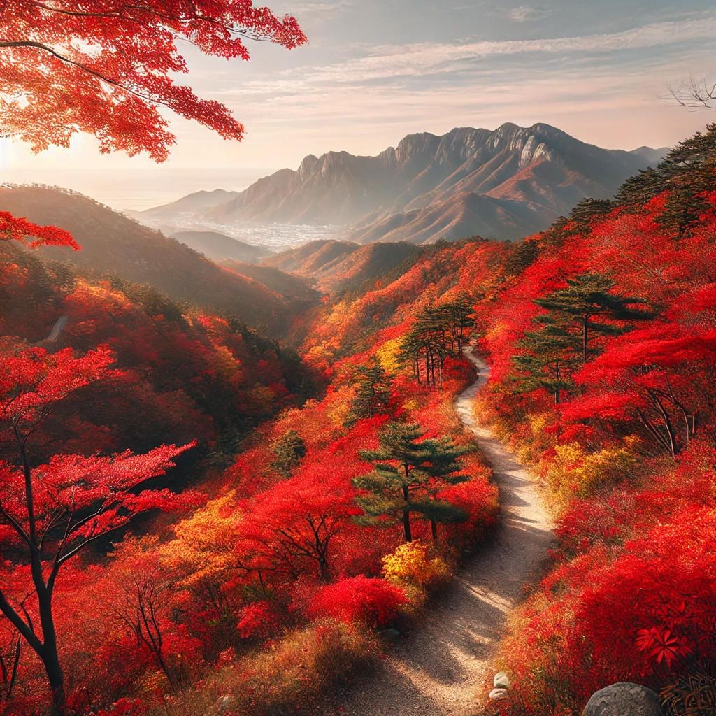 부산 장산의 가을 단풍, 붉고 노란 나뭇잎이 어우러진 산책로 풍경