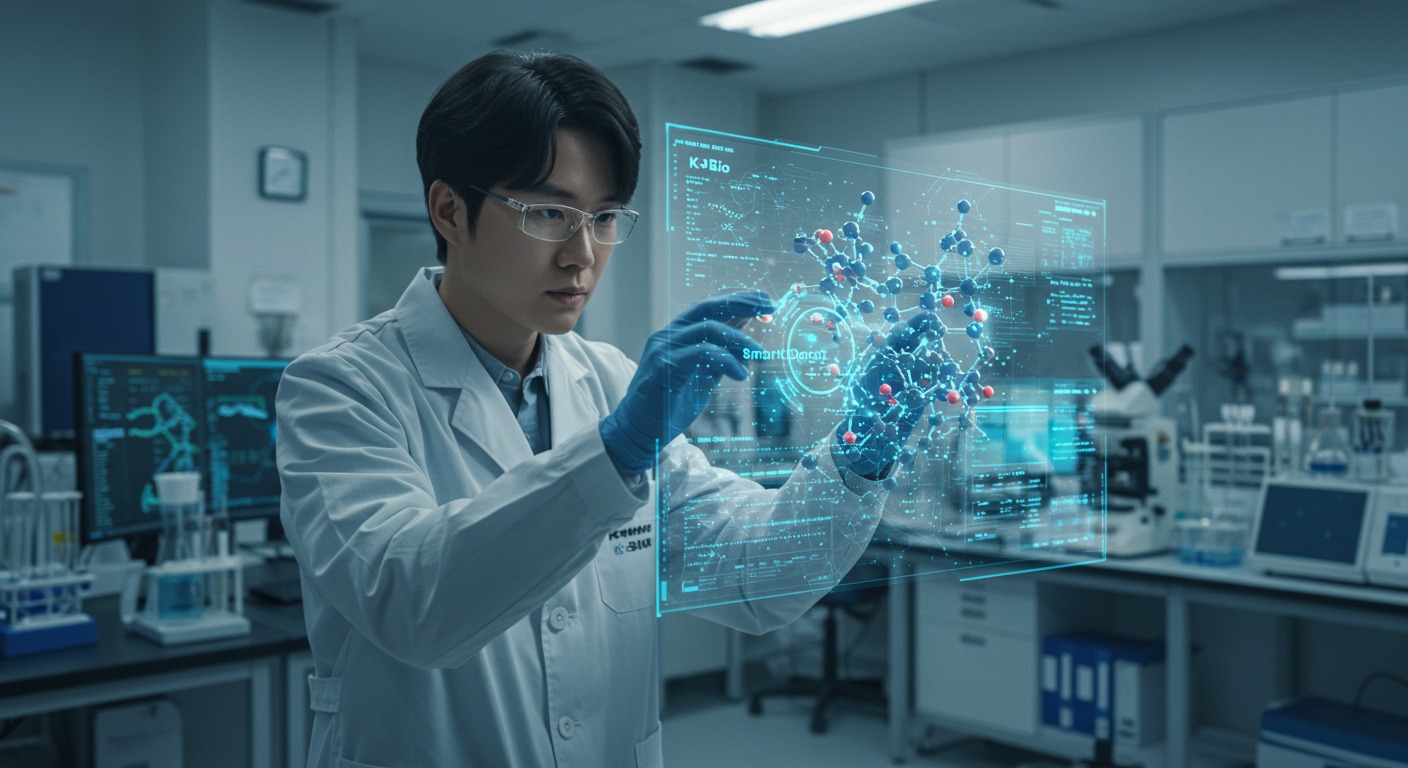 &quot;연구원이 최첨단 실험실에서 펩트론의 '스마트데포' 기술을 상징하는 분자 구조를 분석하고 있는 전문적인 이미지. K-바이오의 기술력을 강조.&quot;