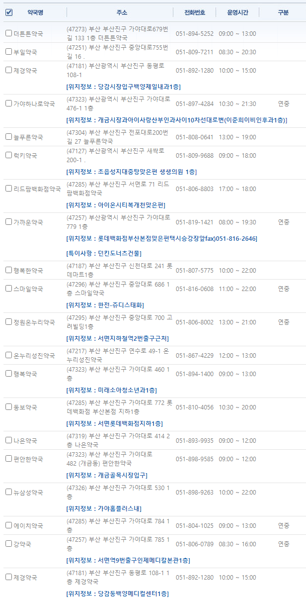 부산 부산진구 일요일 문 여는 약국
부산 부산진구 연중무휴 약국