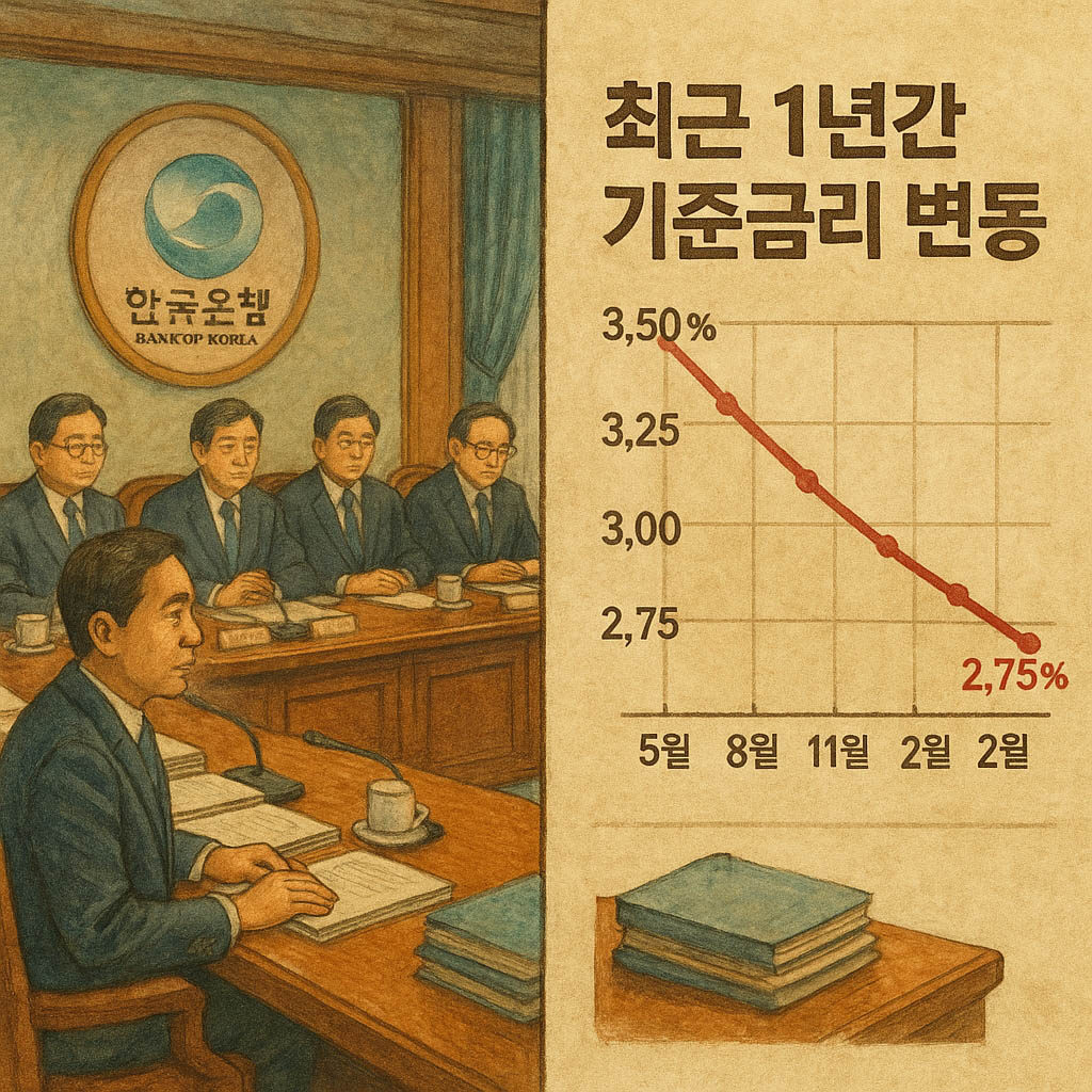 한국은행 금융통화위원회 회의 장면과 최근 1년간 기준금리 변동 추이를 나타낸 그래프&amp;#44; 금리가 3.5%에서 2.75%까지 단계적으로 인하된 모습을 보여주는 지브리풍 인포그래픽