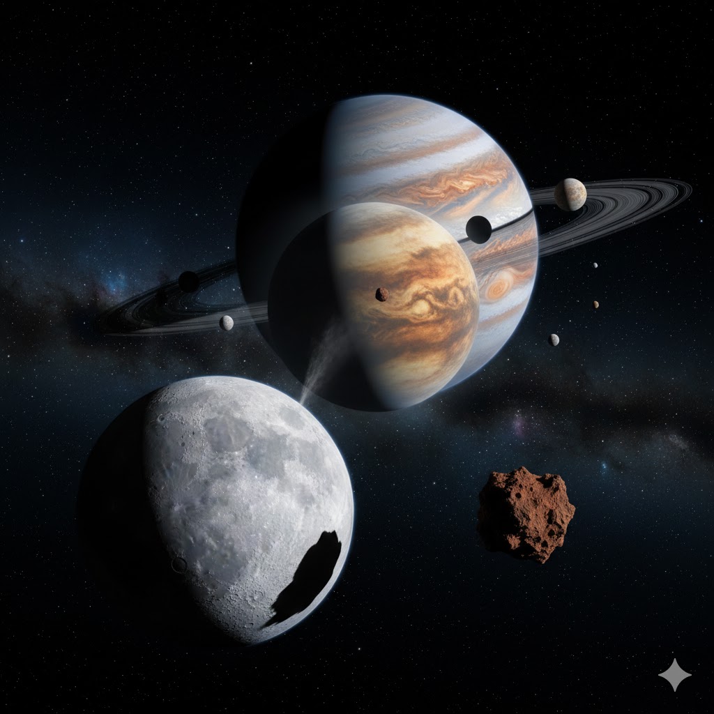 밤하늘 우주 배경의 행성과 다수의 위성들이 포함된 고화질 이미지