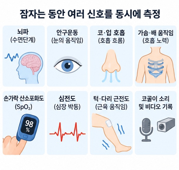 수면다원검사로 뇌파와 호흡, 산소포화도, 심전도, 근육 움직임을 측정하는 내용을 보여주는 이미지