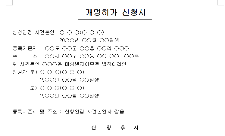 개명허가신청서-미성년자-캡쳐이미지