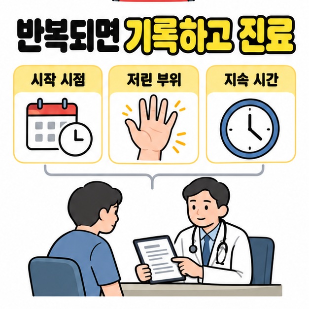 시작 시점과 저린 부위, 지속 시간을 달력과 손바닥, 시계로 표현하고 환자가 의사에게 기록을 전달하는 상담 장면을 연결한 이미지