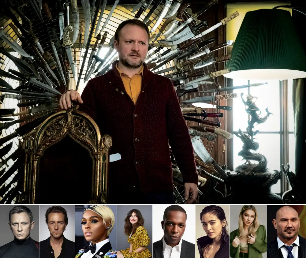 라이언 존슨 감독과 나이브스아웃 : 글래스 어니언에 출연하는 배우들 모습