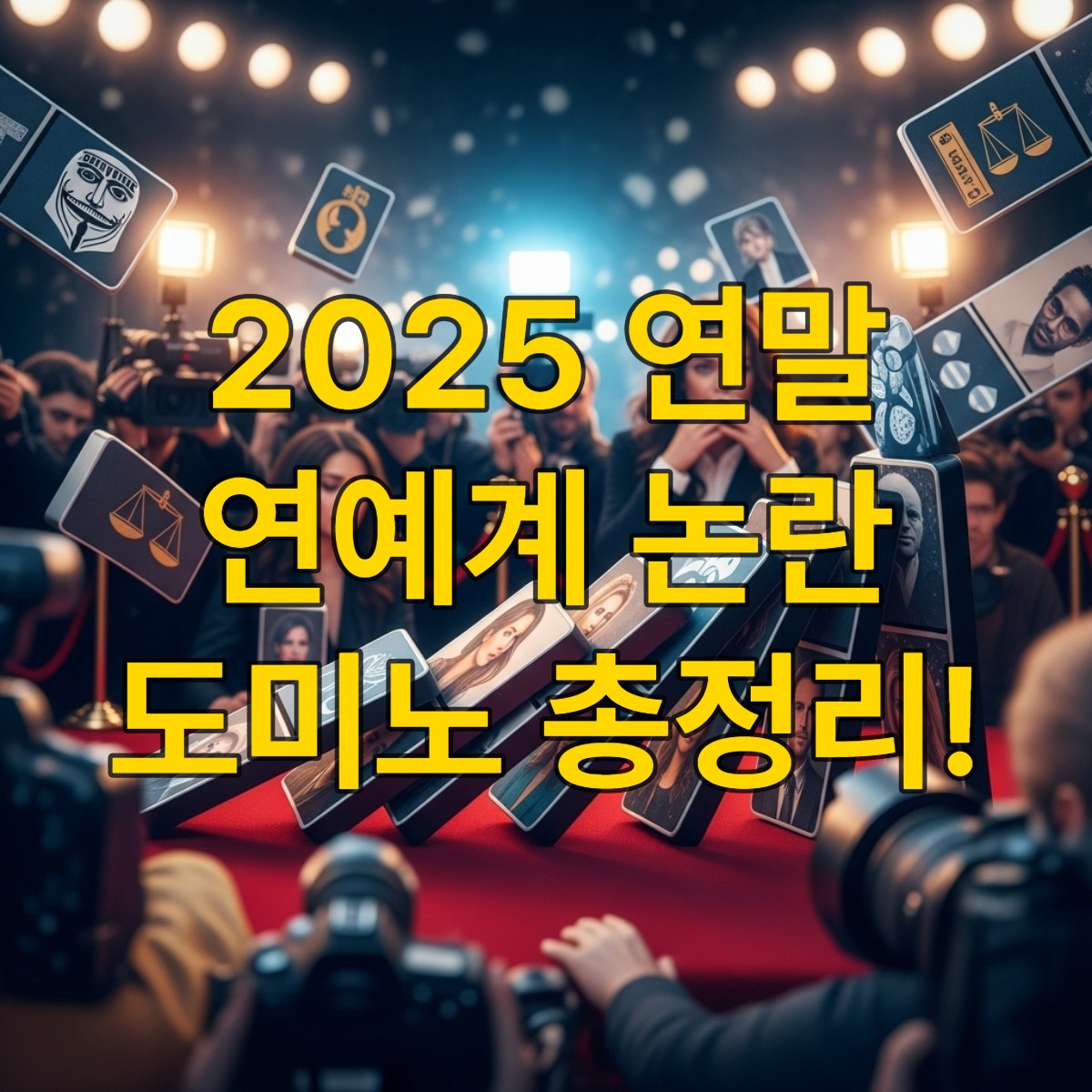 2025년 연말 연예계를 강타한 '논란 도미노'를 시각적으로 표현한 이미지. 카메라 플래시와 혼란스러운 분위기 속에서 여러 연예인 논란을 상징하는 도미노들이 연쇄적으로 쓰러지는 모습이 긴급성을 강조합니다.