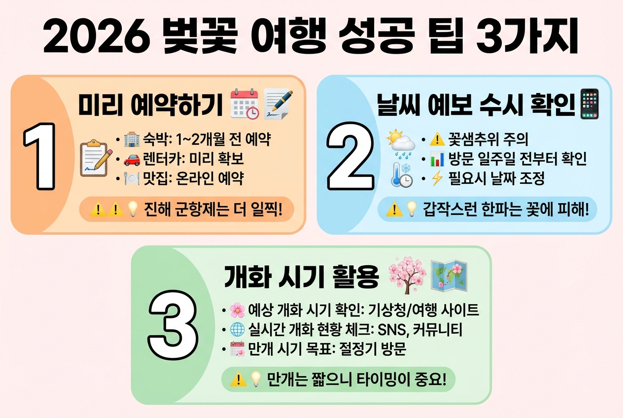 Alt 태그: "2026 벚꽃 여행 성공 팁 3가지, 미리 예약 날씨 확인 지역별 순회 방법"
