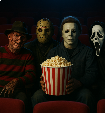 공포영화캐릭터들이 영화를보는이미지