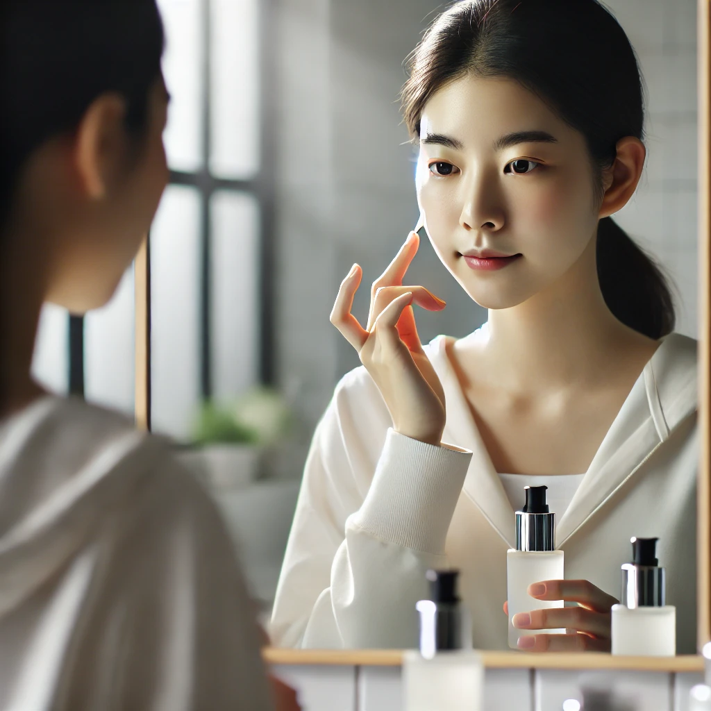 여성이 밝고 현대적인 욕실에서 얼굴에 세럼을 바르고 있는 모습. 그녀는 거울 앞에서 세럼을 부드럽게 두드리며 피부에 흡수시키고 있습니다. 욕실은 깔끔하고 자연광이 들어옵니다