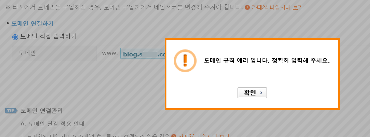 카페24 도메인 연결 시 '도메인 규칙 에러입니다' 오류