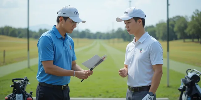 골프 코치가 연습장에서 학생에게 드라이버 특성을 설명하는 장면