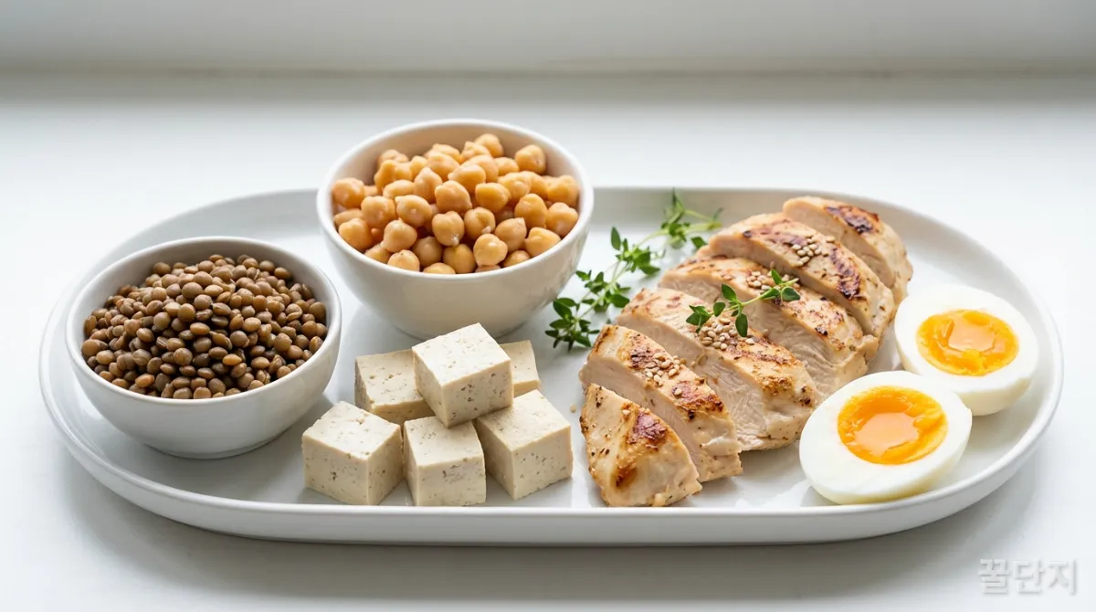 다양한 식물성 및 동물성 단백질 식품이 놓인 모습