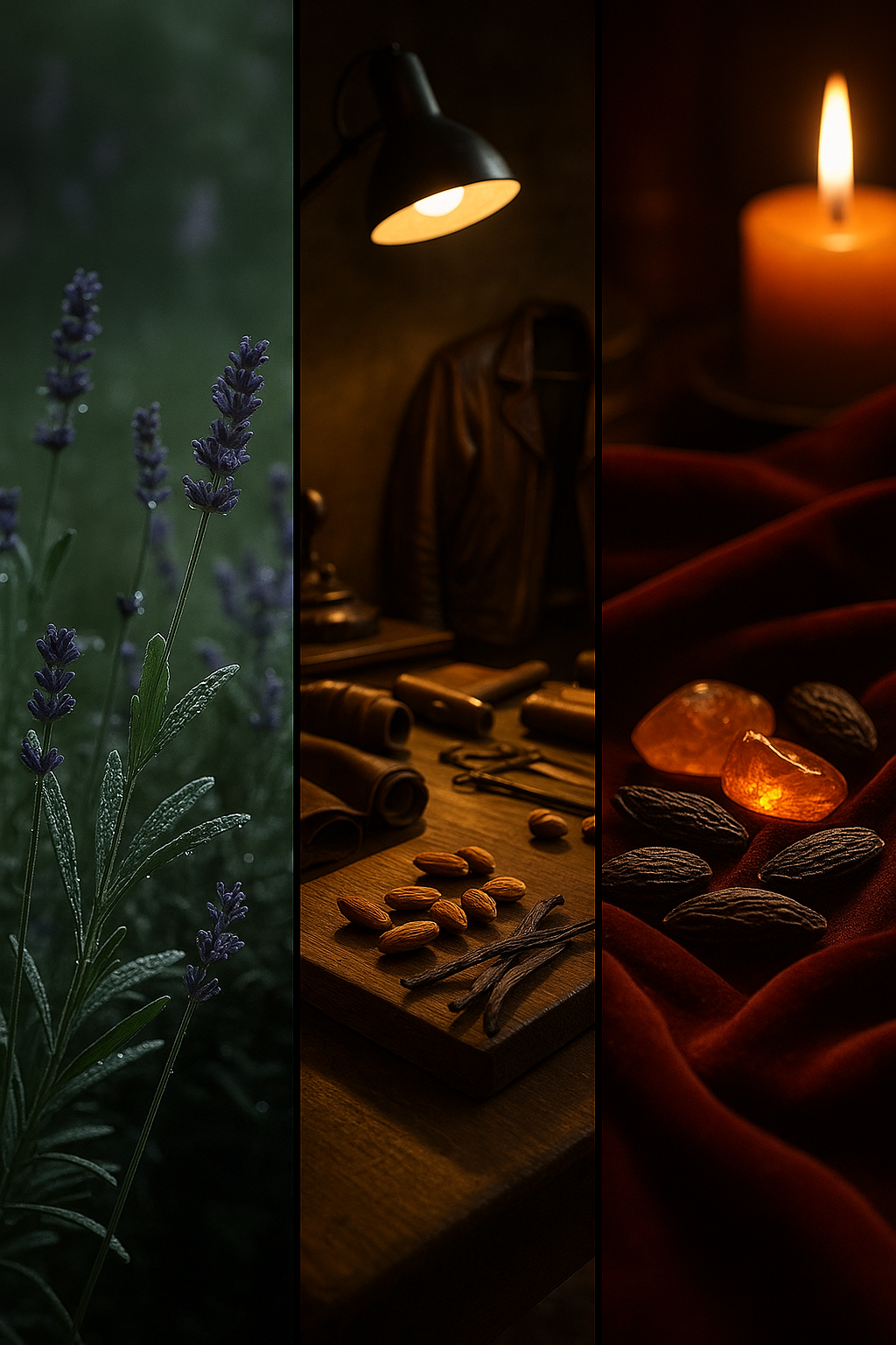 세로로 구성된 세 개의 이미지 패널. 첫 번째 패널은 새벽 이슬에 젖은 허브 정원으로, 라벤더와 세이지가 햇살을 받으며 싱그러움을 전한다. 두 번째 패널은 따뜻한 조명의 가죽 공방으로, 나무 테이블 위에 아몬드 조각과 바닐라 빈이 놓여 있다. 세 번째 패널은 촛불 아래 벨벳 담요 위에 놓인 앰버 원석과 통카빈이 부드럽고 달콤한 밤의 분위기를 자아낸다.