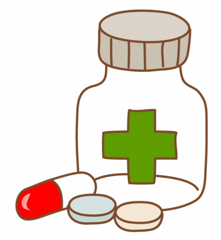 병원-마크가-있는-영양제와-바닥에-쌓인-캡슐-정제-알약