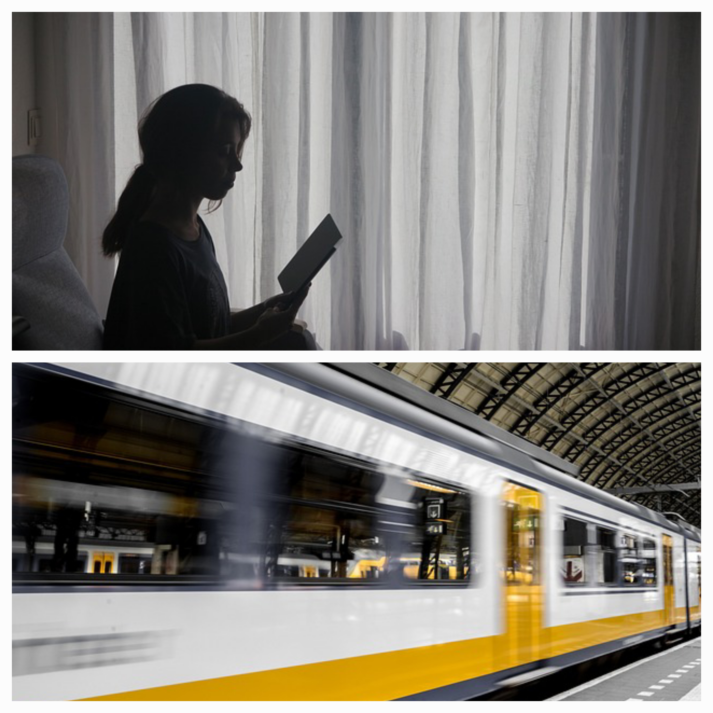 퇴근하는 지하철 사진과 독서하는 그림