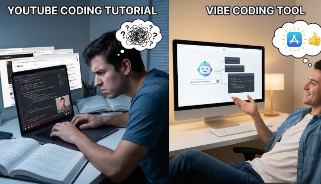 튜토리얼 중심 유튜브 코딩과프롬프트 기반 바이브코딩 툴의 구조