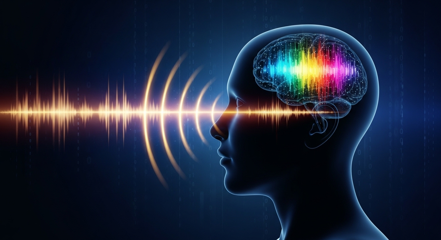 AI 개인화 사운드 기술을 형상화한 이미지. 사람의 귀로 들어간 음파가 뇌에서 고유한 패턴으로 변환되는 모습.