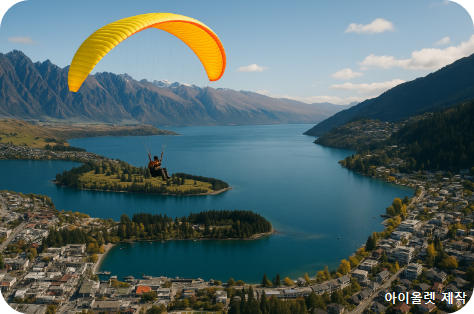 퀸스타운 시내를 내려다보며 활강하는 패러글라이딩