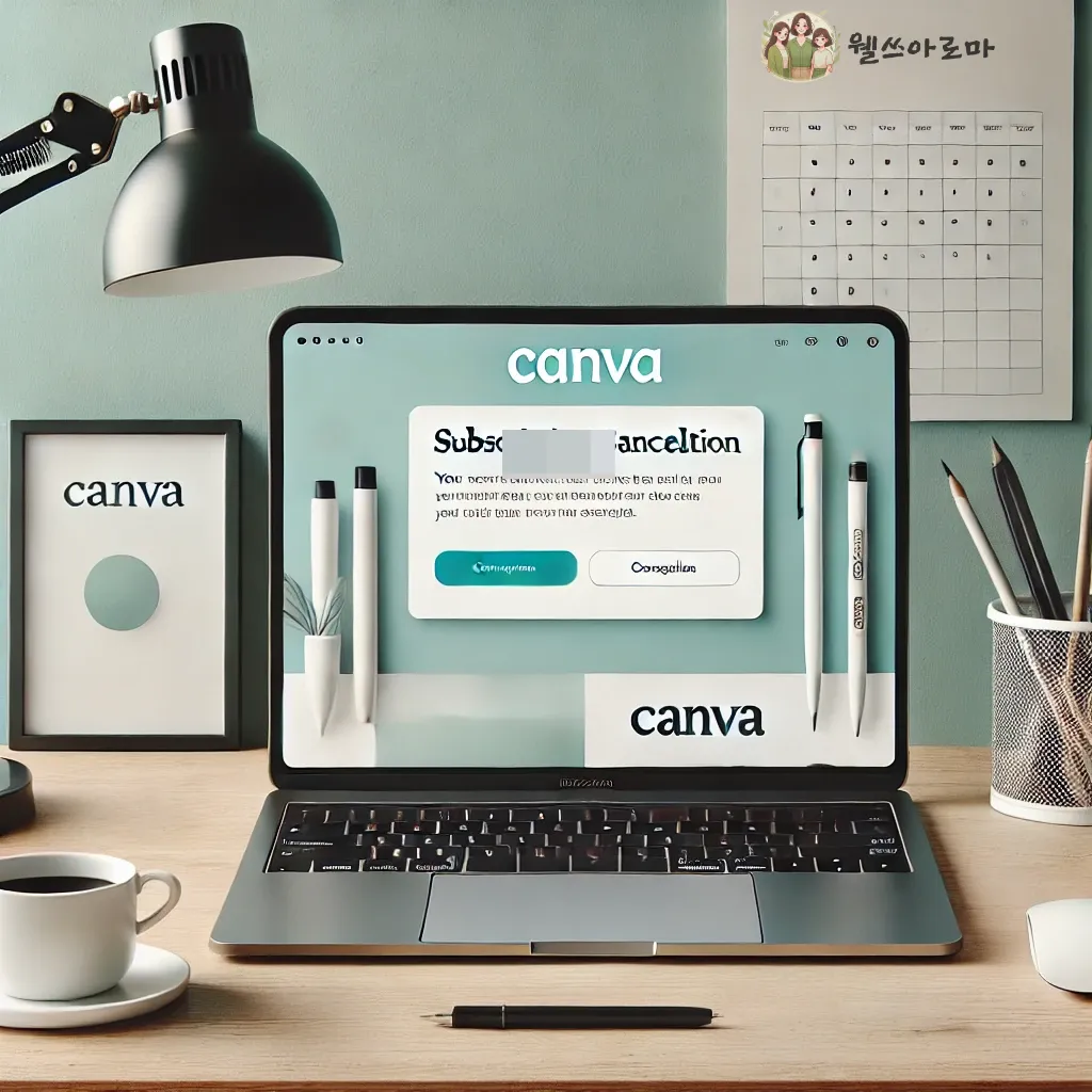 칸바-책상위에-노트북-조명-연필꽂이-책상이미지