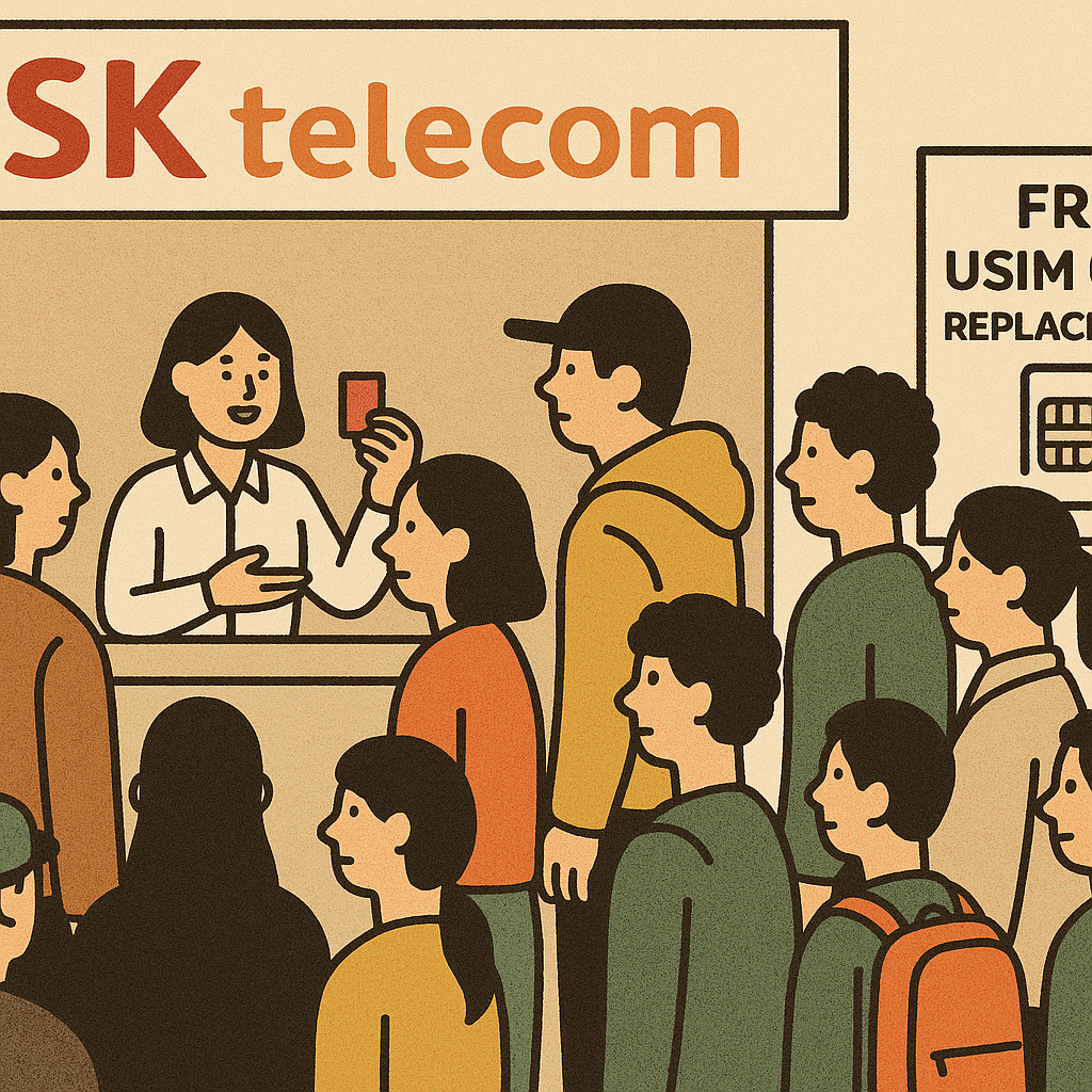 SK 유심 무상교체를 위해 대기 중인 고객들 모습 2D 일러스트