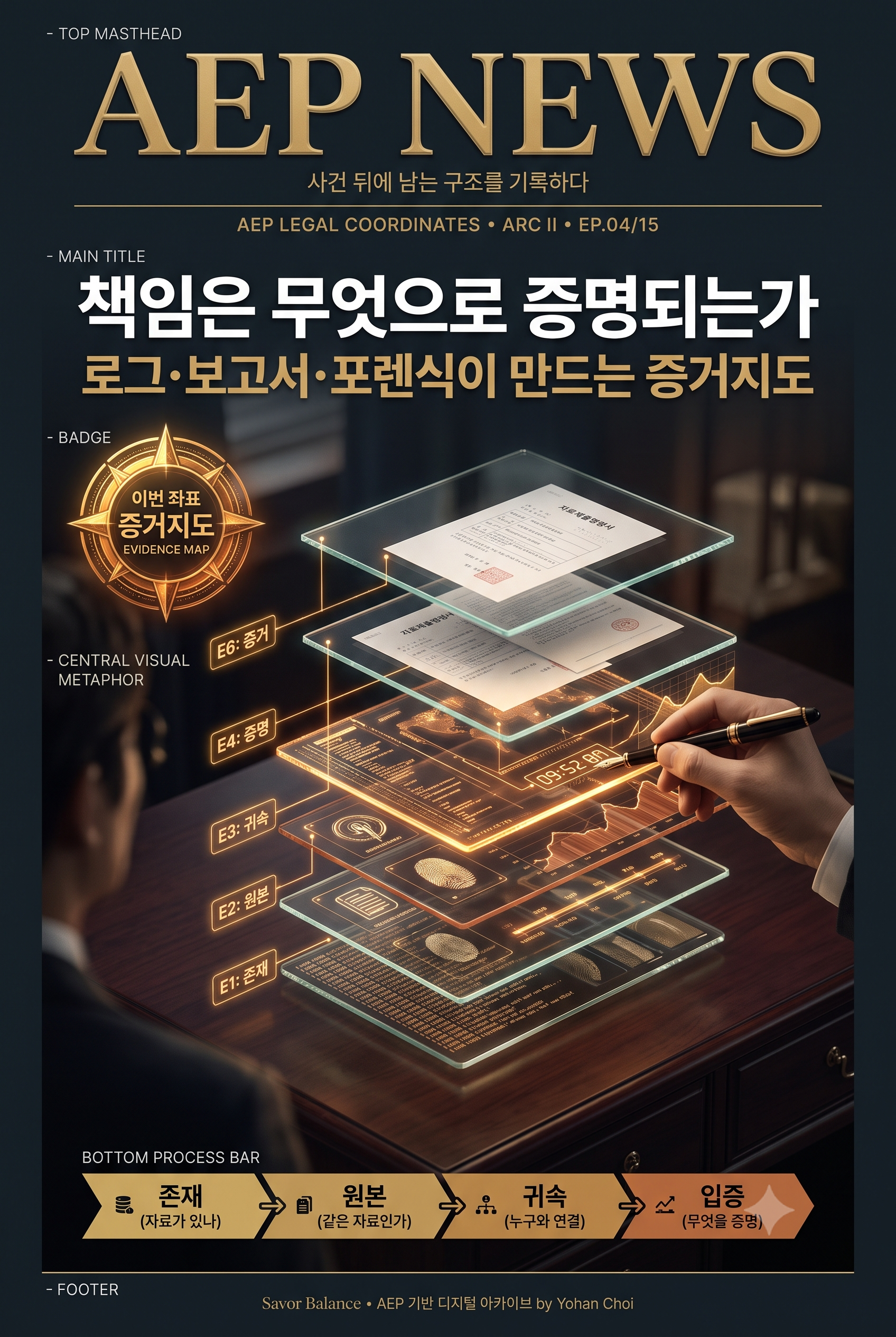 AEP NEWS magazine cover for EP.04 regarding TVING security outsourcing legal truth, titled How Is Responsibility Proven?, showing a 5-layer glass Evidence Map stack from E1 Existence to E6 Admissibility on a dark mahogany desk.