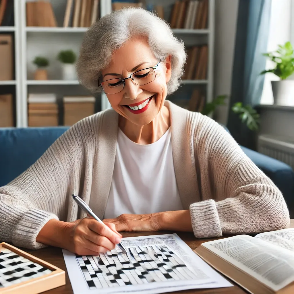 크로스워드 퍼즐을 풀고 있는 노인의 미소 짓는 모습. 책장으로 가득한 방에서 펜을 들고 퍼즐을 풀며 즐거워하는 모습.