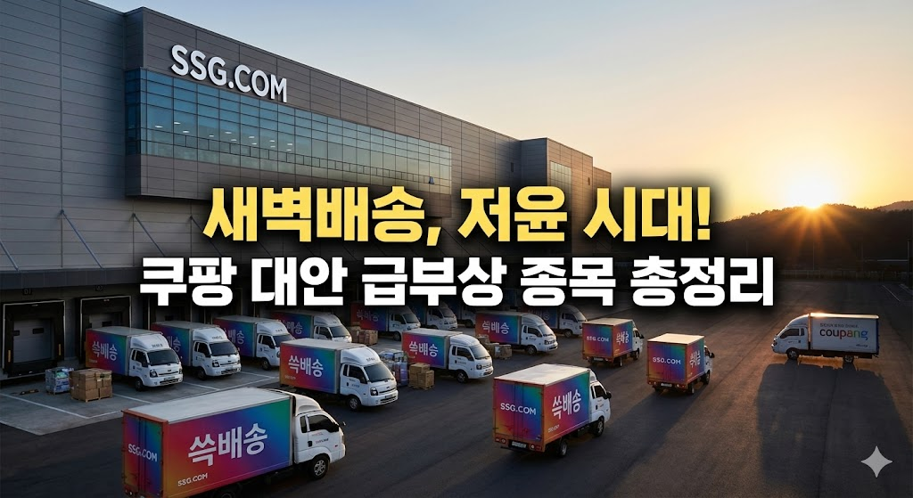 탈팡 현상으로 반사이익을 얻는 새벽배송 물류 트럭과 현대적인 대형마트 전경