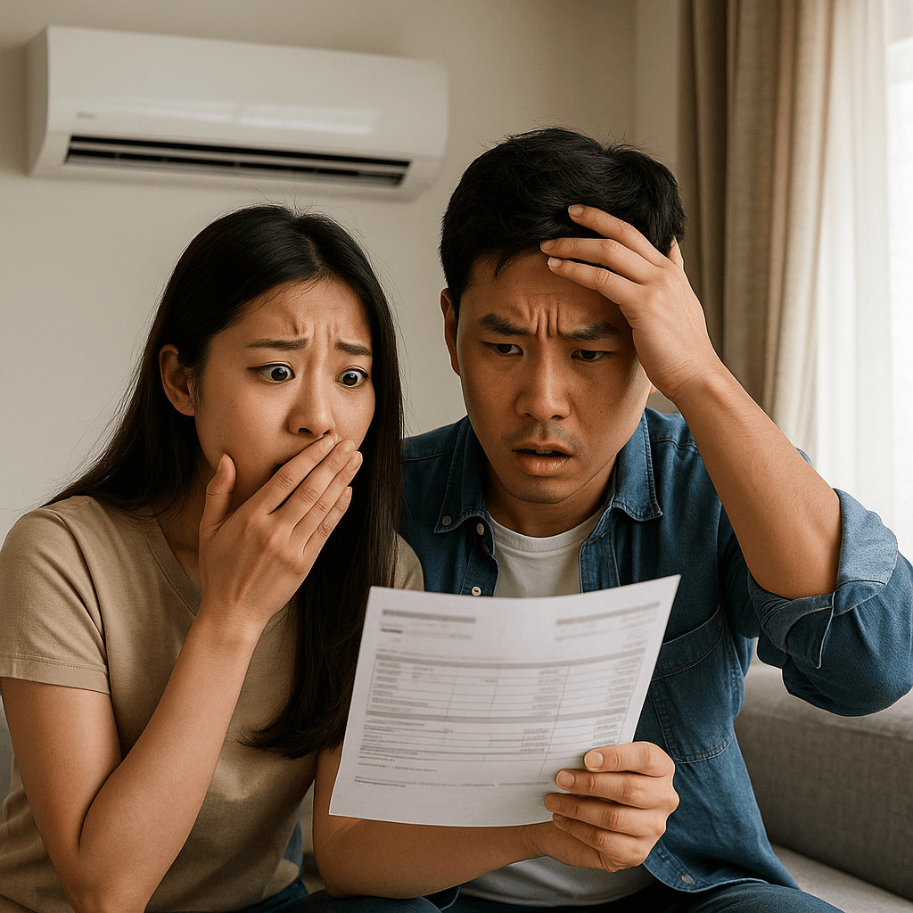 전기요금 고지서를 보고 놀라는 젊은 한국인 부부와 벽걸이 에어컨이 있는 거실