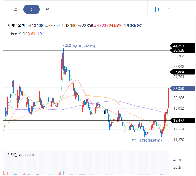 차바이오텍 주봉차트