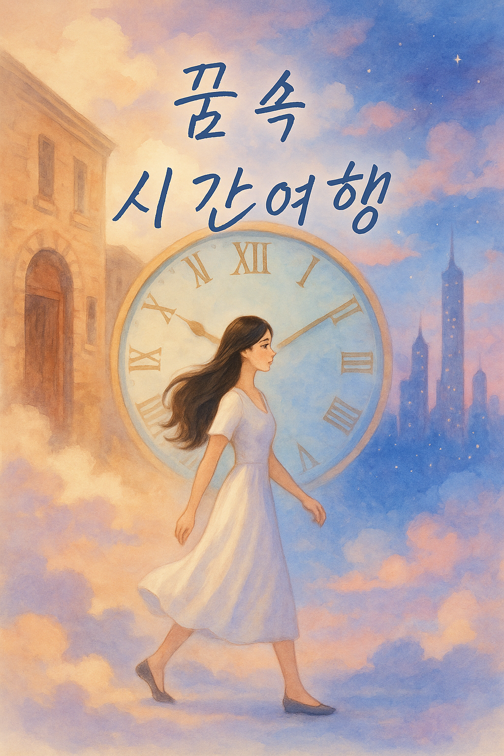 하얀 원피스를 입은 여성이 거대한 시계를 배경으로 과거의 도시와 미래의 도시 사이를 걷는 장면, ‘꿈 속 시간여행’이라는 필기체 문구가 떠 있는 파스텔톤 몽환 일러스트