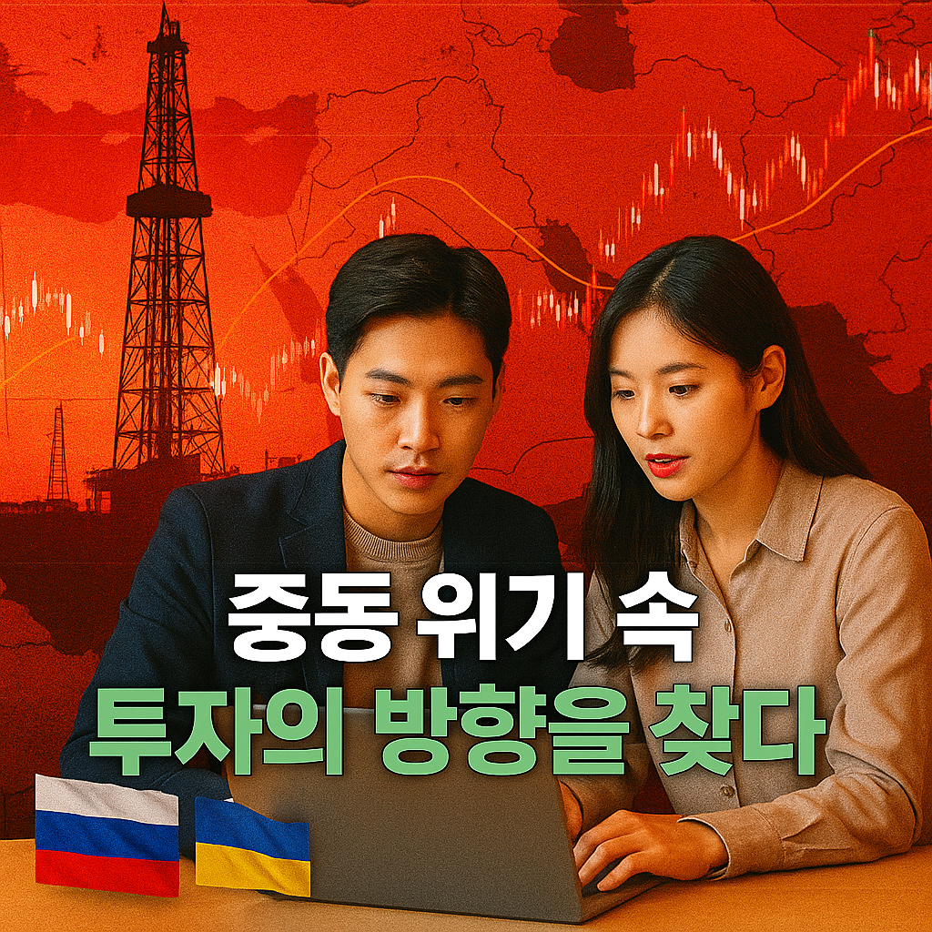 중동 지도 앞에서 투자 방향을 분석하는 한국인 투자자들