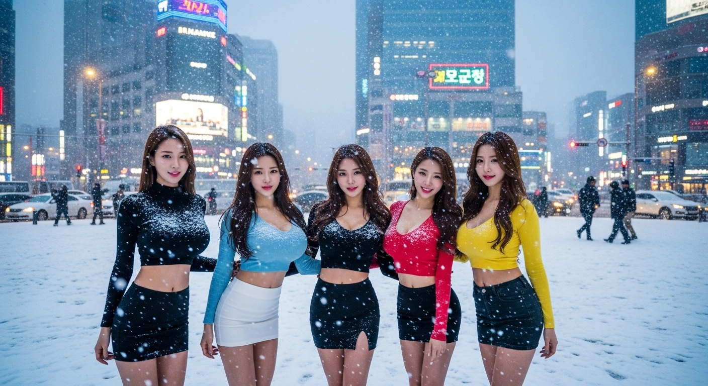 눈을 맞고 서있는 여성들