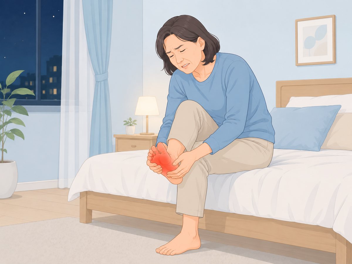 밤에 침대에 걸터앉아 저린 발바닥을 감싸 쥔 여성, 밤에 심해지는 족근관증후군 증상