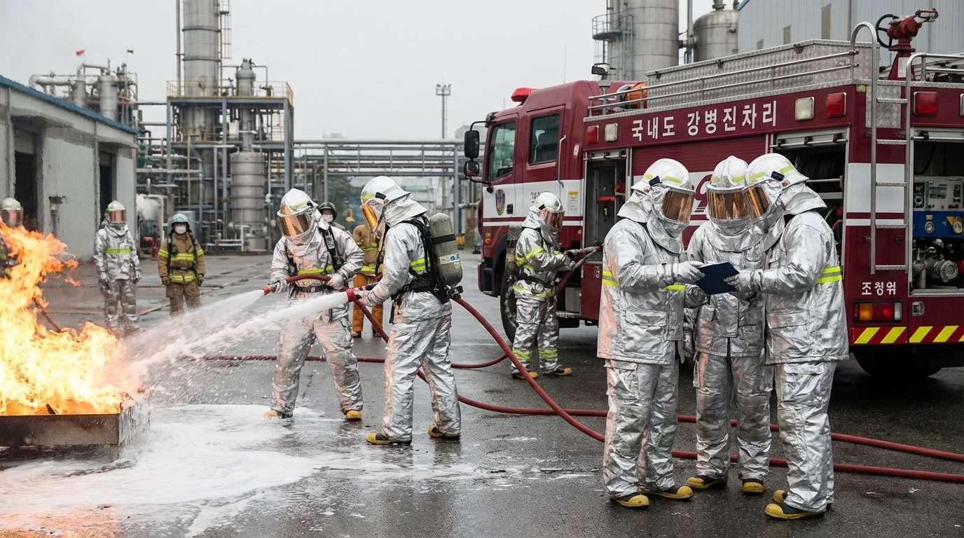 특수 화학 복장을 착용하고 금수성 화재 진압을 준비하는 소방대원들