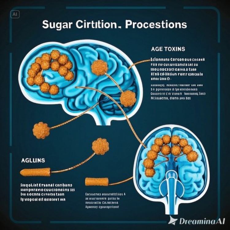 뇌 MRI 이미지와 함께 당독소(AGEs)의 축적 과정을 보여주는 인포그래픽. 건강한 뇌와 당독소가 축적된 뇌를 비교하여 보여주고, 갈색빛 당독소 분자들이 뇌신경을 둘러싸고 있는 모습을 시각적으로 표현한 의료진단서 스타일의 이미지.