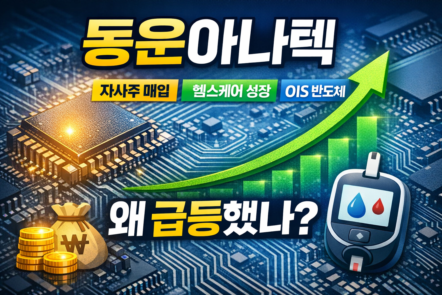 반도체 회로/칩을 배경으로, 완만한 상승 곡선이 겹쳐진 ‘테크 금융’ 느낌의 심플한 일러스트